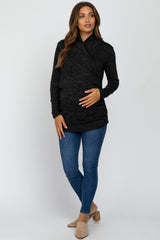 Black Soft Heathered Draped Wrap Maternity/Nursing Top