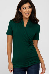Forest Green Solid Short Sleeve Wrap Front Nursing Top