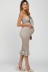 Mocha Gingham Print Smocked Fitted Self-Tie Maternity Midi Dress