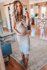 Mocha Gingham Print Smocked Fitted Self-Tie Maternity Midi Dress