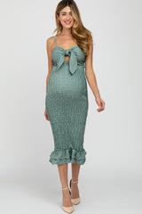 Green Gingham Print Smocked Fitted Self-Tie Maternity Midi Dress