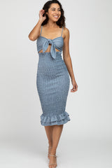 Blue Gingham Print Smocked Fitted Self-Tie Maternity Midi Dress