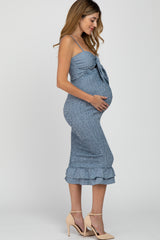 Blue Gingham Print Smocked Fitted Self-Tie Maternity Midi Dress