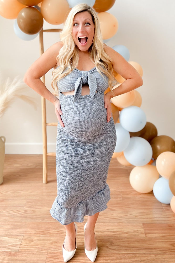 Blue Gingham Print Smocked Fitted Self-Tie Maternity Midi Dress