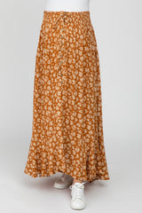 Rust Floral Smocked Drawstring Waist Slit Maternity Maxi Skirt