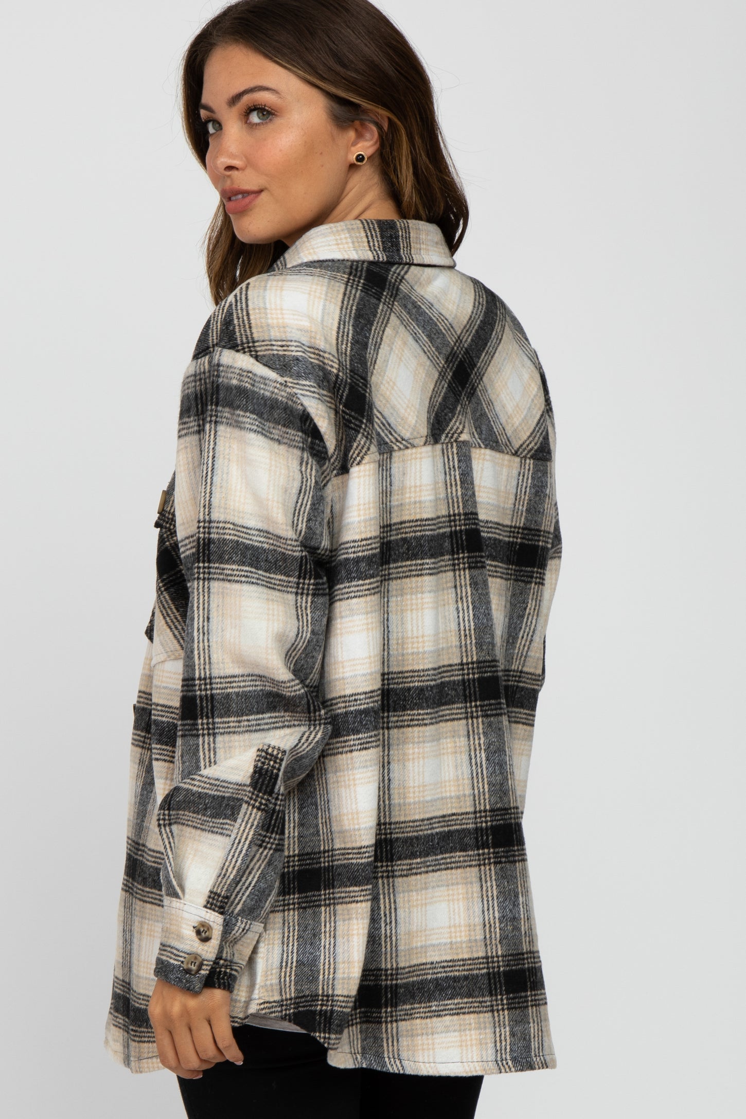 Black Soft Plaid Flannel Maternity Shacket
