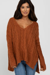 Camel V-Neck Side Slit Cable Knit Maternity Sweater