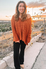 Camel V-Neck Side Slit Cable Knit Sweater