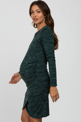 Green Heathered Ruched Tulip Hem Maternity Dress