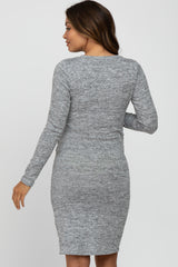 Heather Grey Heathered Ruched Tulip Hem Maternity Dress