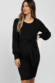 Black Soft Brushed Waist Tie Bubble Sleeve Maternity Dress