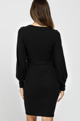 Black Soft Brushed Waist Tie Bubble Sleeve Maternity Dress