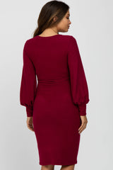 Burgundy Soft Brushed Waist Tie Bubble Sleeve Maternity Dress