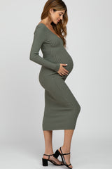 Light Olive V-Neck Long Sleeve Fitted Maternity Maxi Dress