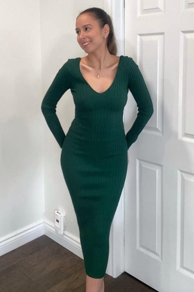 Forest Green V-Neck Long Sleeve Fitted Maxi Dress