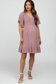 Mauve Smocked Front Ruffle Hem Maternity Dress