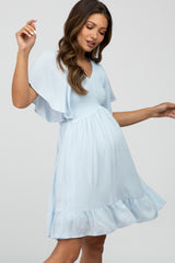 Light Blue Smocked Front Ruffle Hem Maternity Dress