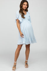 Light Blue Smocked Front Ruffle Hem Maternity Dress