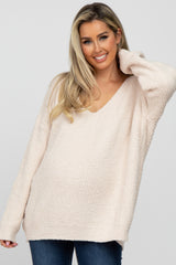 Beige V-Neck Soft Maternity Sweater