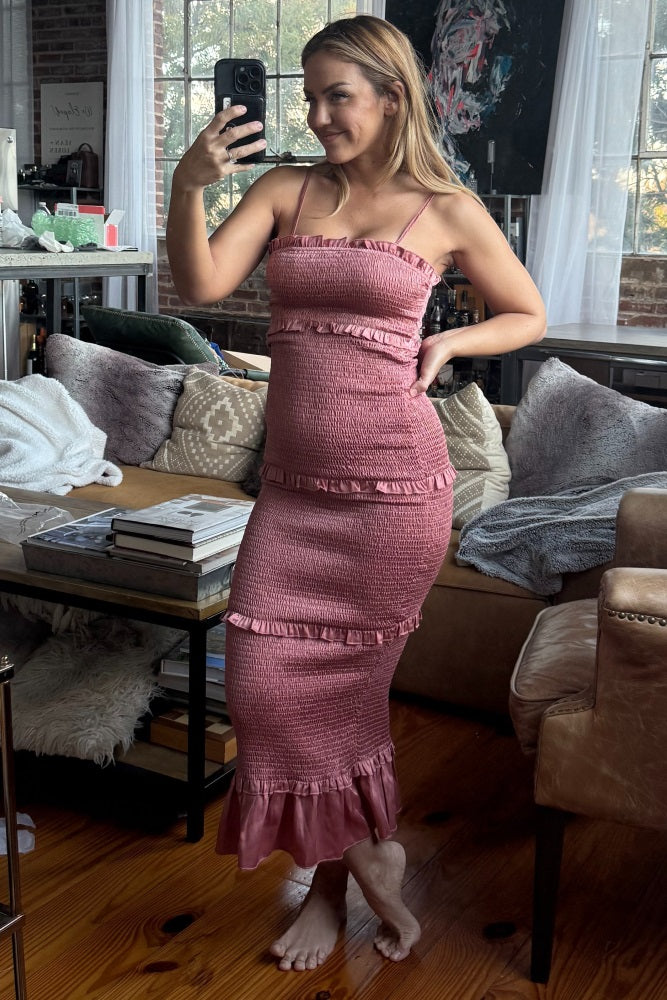 Mauve Satin Smocked Fitted Midi Dress