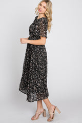 Black Floral Pleated Short Sleeve Chiffon Midi Dress