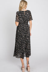 Black Floral Pleated Short Sleeve Chiffon Midi Dress