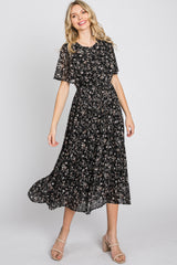 Black Floral Pleated Short Sleeve Chiffon Midi Dress