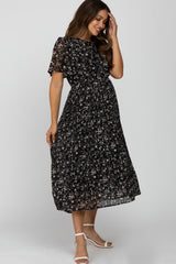 Black Floral Pleated Short Sleeve Chiffon Maternity Midi Dress