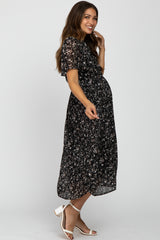 Black Floral Pleated Short Sleeve Chiffon Maternity Midi Dress