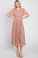 Light Pink Floral Pleated Short Sleeve Chiffon Midi Dress