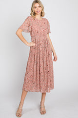 Light Pink Floral Pleated Short Sleeve Chiffon Midi Dress