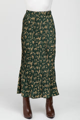 Forest Green Floral Pleated Skirt