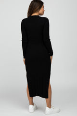 Black Ribbed Knit Side Slit Maternity Maxi Dress