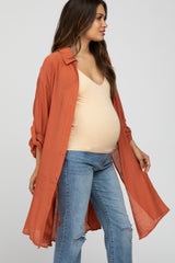 Rust Button Front Side Slit Oversized Maternity Blouse