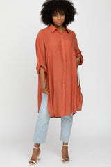 Rust Button Front Side Slit Oversized Blouse