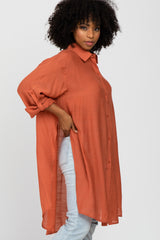 Rust Button Front Side Slit Oversized Blouse