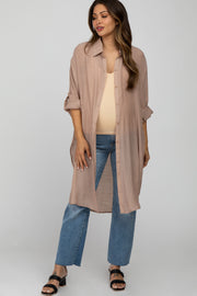 Taupe Button Front Side Slit Oversized Maternity Blouse