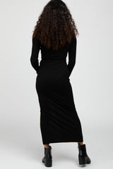 Black Ribbed Mock Neck Side Slit Maxi Dress