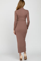 Mocha Ribbed Mock Neck Side Slit Maternity Maxi Dress