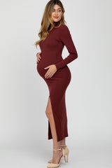 Burgundy Ribbed Mock Neck Side Slit Maternity Maxi Dress