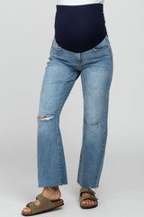 Blue Straight Leg Frayed Hem Maternity Jeans