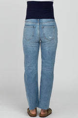 Blue Straight Leg Frayed Hem Maternity Jeans