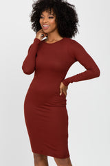 Burgundy Ribbed Fitted Long Sleeve Maternity Dress