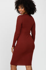 Burgundy Ribbed Fitted Long Sleeve Dress