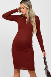 Burgundy Ribbed Fitted Long Sleeve Maternity Dress