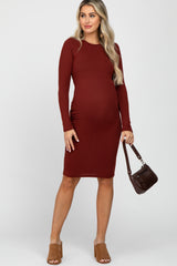 Burgundy Ribbed Fitted Long Sleeve Maternity Dress