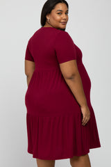 Burgundy Ribbed Tiered Maternity Plus Dress