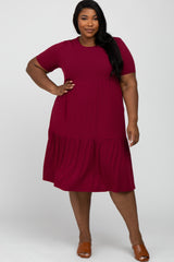 Burgundy Ribbed Tiered Maternity Plus Dress