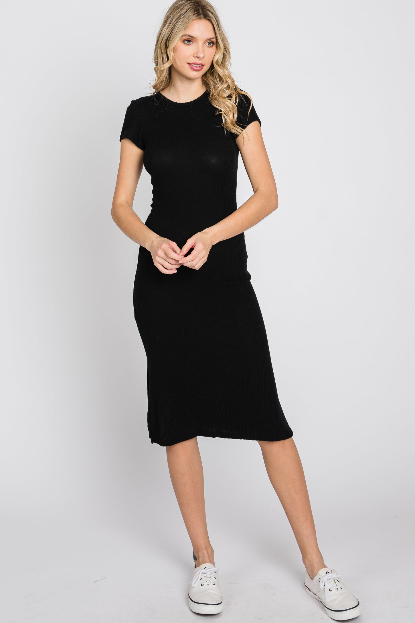 Black Brushed Ribbed Maternity Midi Dress