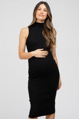 Black Ribbed Mock Neck Maternity Dress